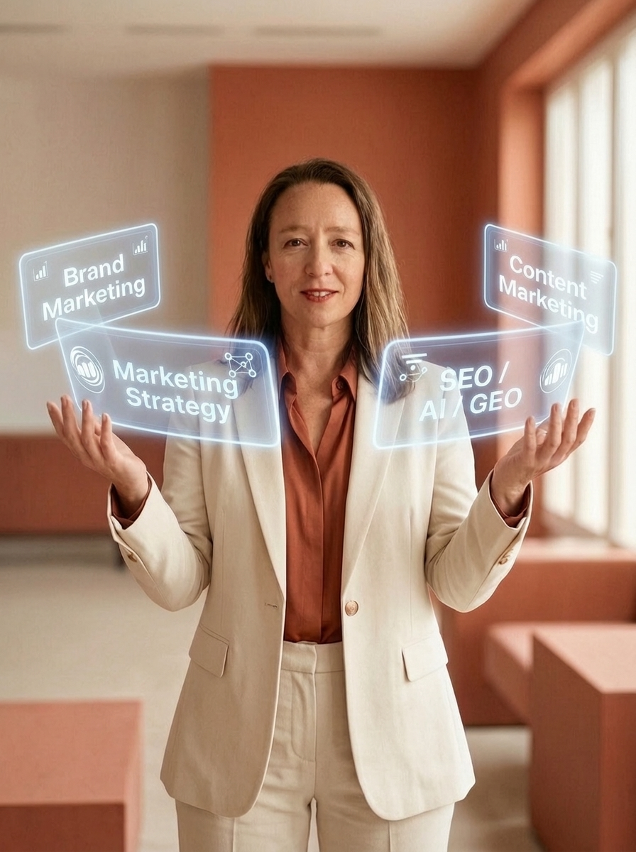 Founder of jewelof.ai in business attire juggling the AI-driven channels Brand Marketing, Content Marketing and SEO/GEO