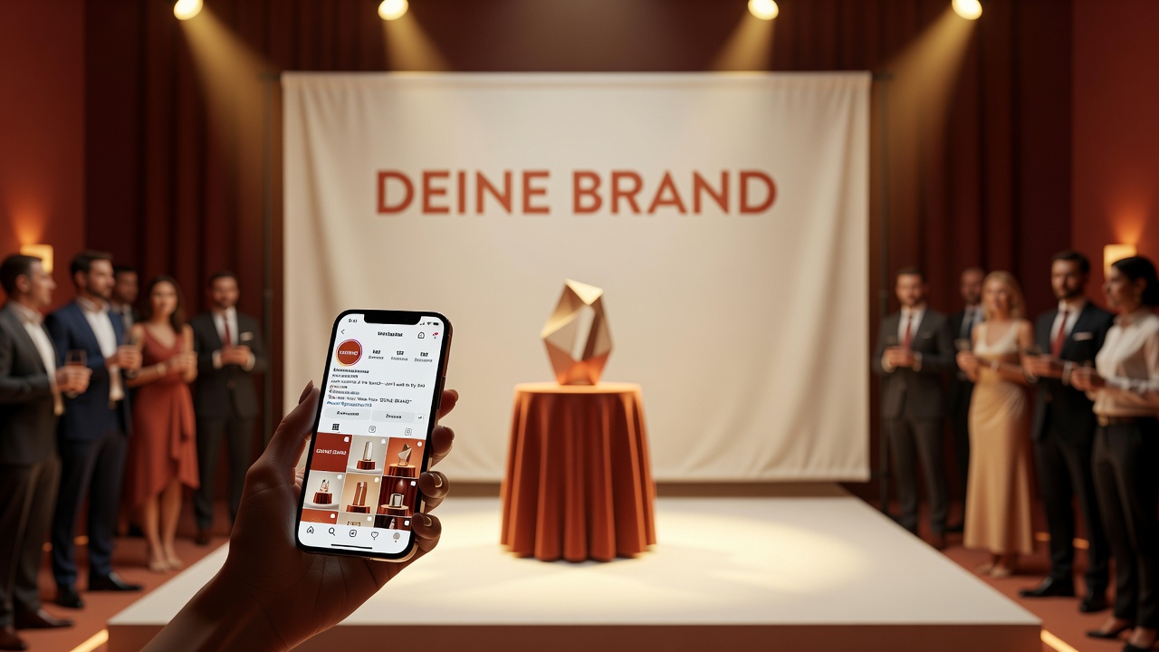 Brand launch at an event: a guest looks up the presented product on Instagram, a Deine Brand stage banner in the background